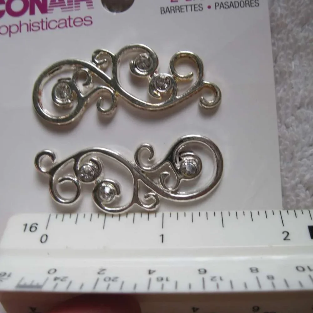 2 Conair Sophisticates Metal Secure Fit Tight Back Hair Barrettes Rhinestones